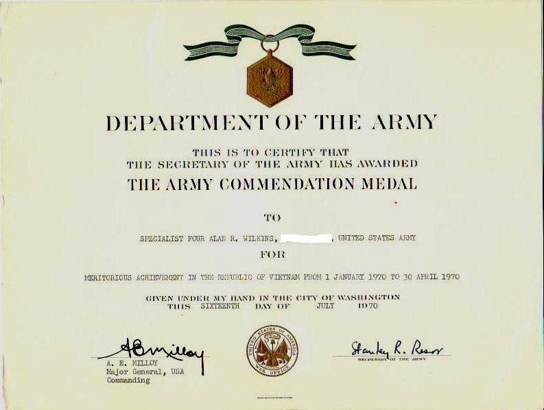 Army Commendation Medal awarded to Alan R. Wilkins